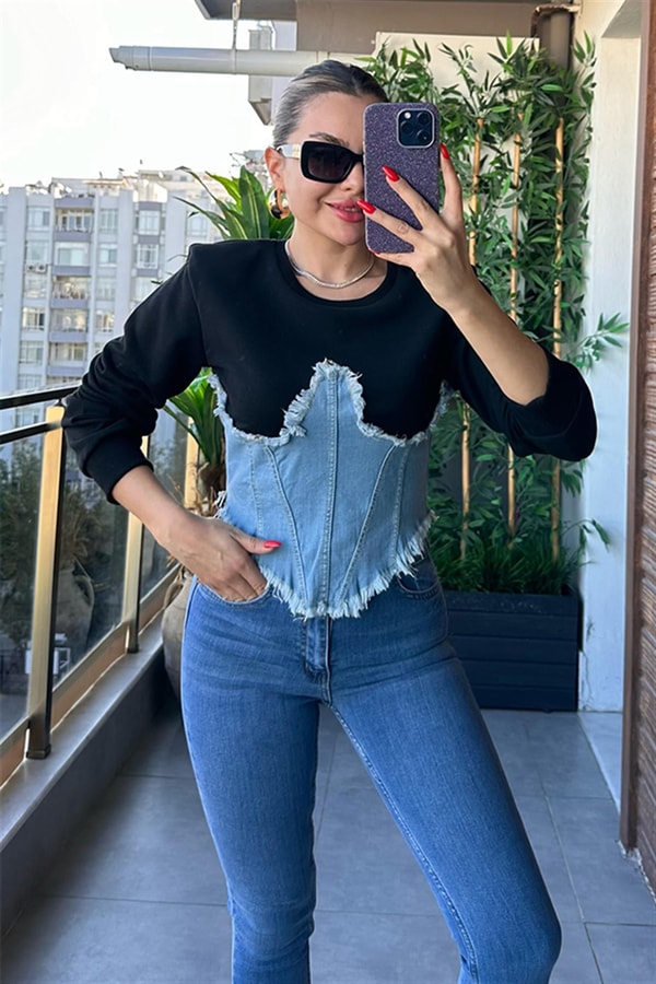 Sgz Jean Korse Detaylı Siyah Bluz