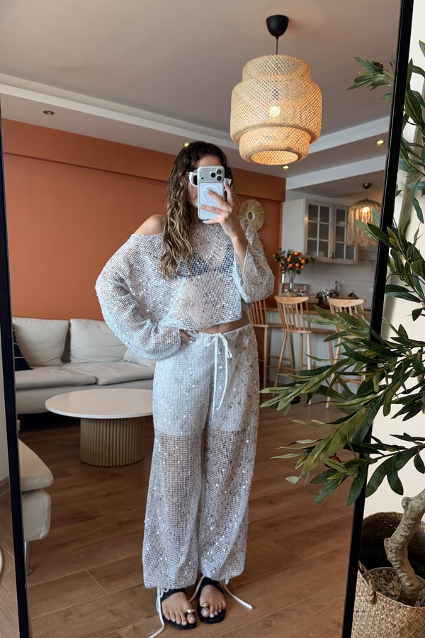 Shiny Gümüş Payetli File Bluz