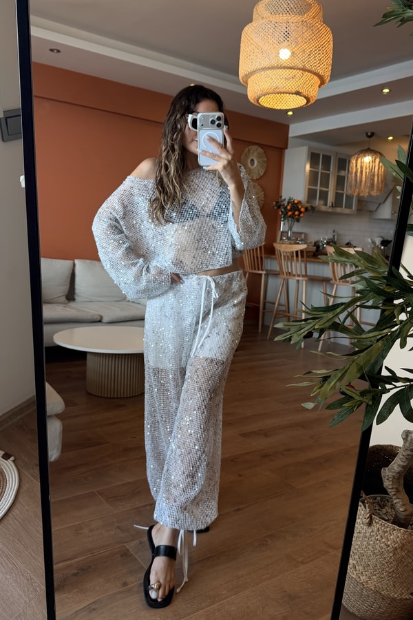 Shiny Gümüş Payetli File Bluz