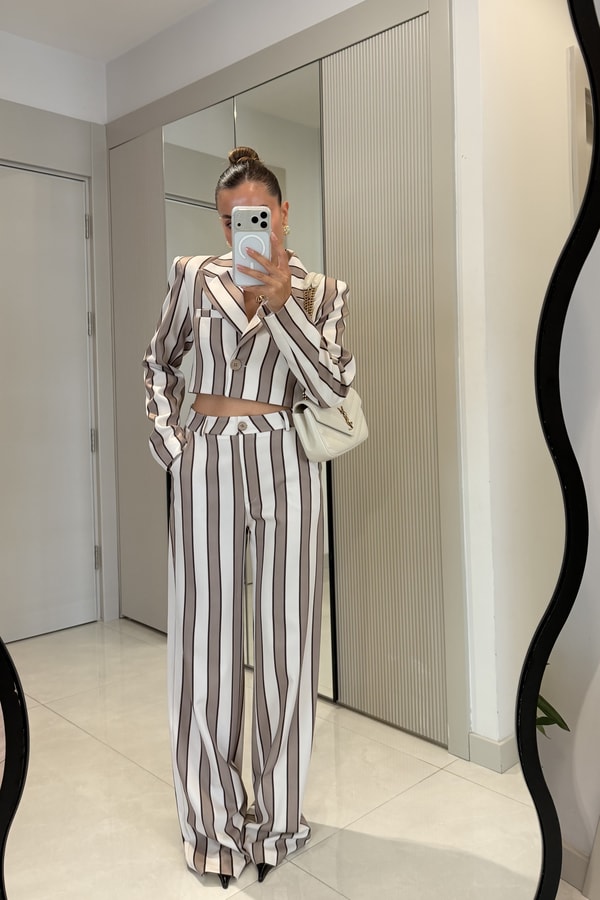 Shirley Camel Çizgili Üçlü Premiım Takım