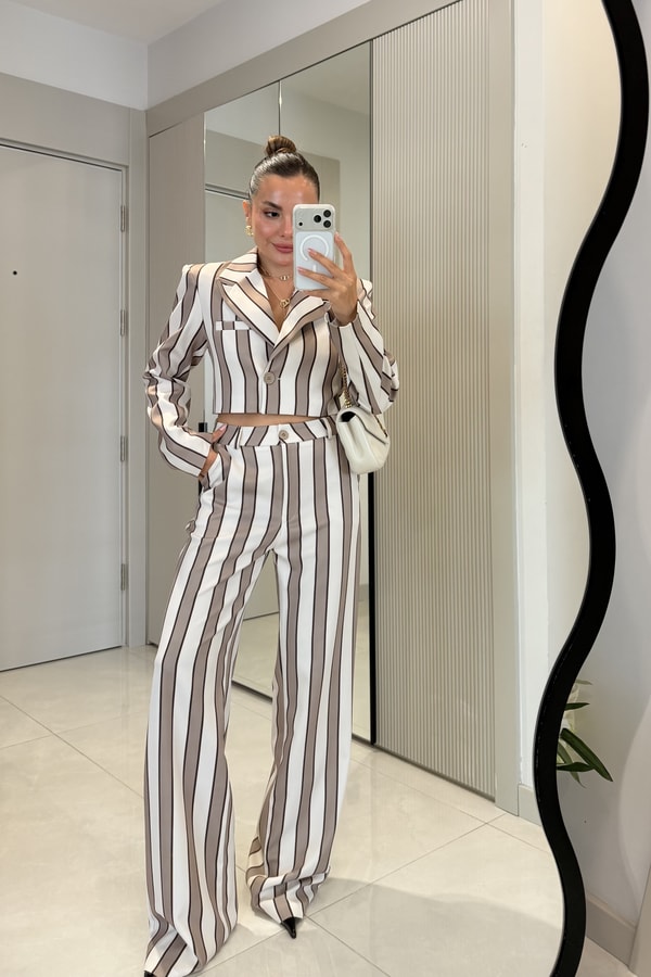 Shirley Camel Çizgili Üçlü Premiım Takım