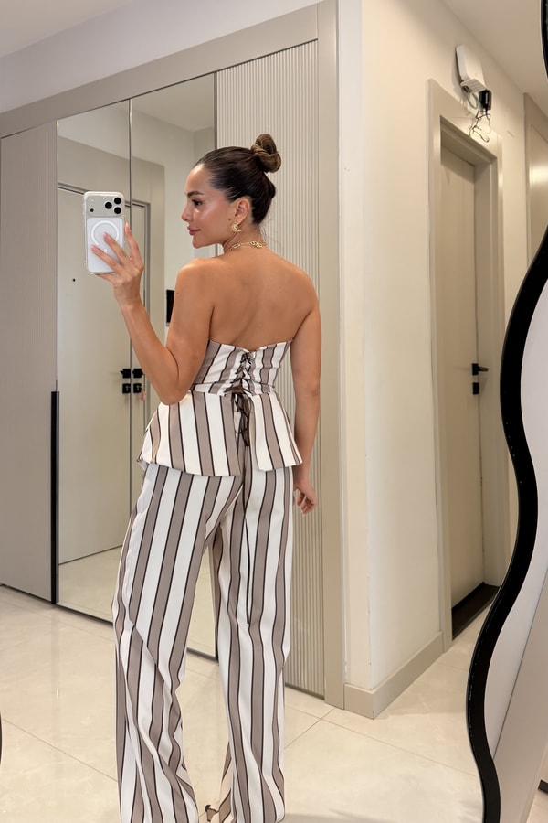 Shirley Camel Çizgili Üçlü Premiım Takım