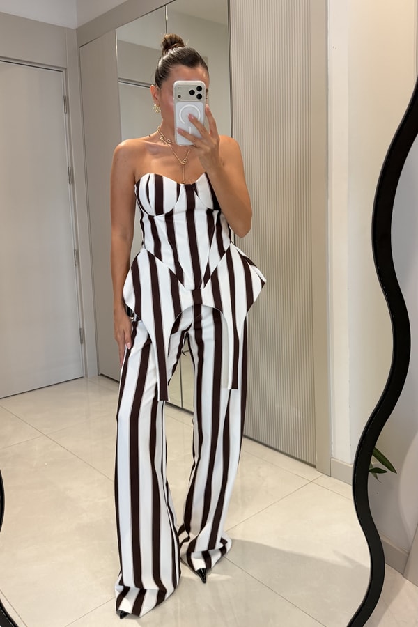 Shirley Kahve Çizgili Üçlü Premiım Takım