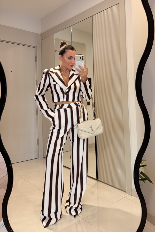 Shirley Kahve Çizgili Üçlü Premiım Takım