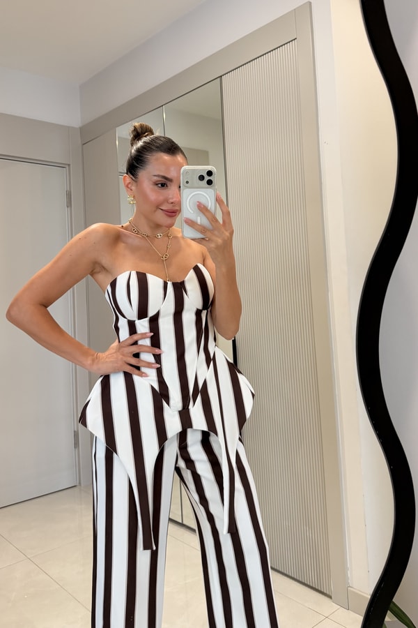 Shirley Kahve Çizgili Üçlü Premiım Takım