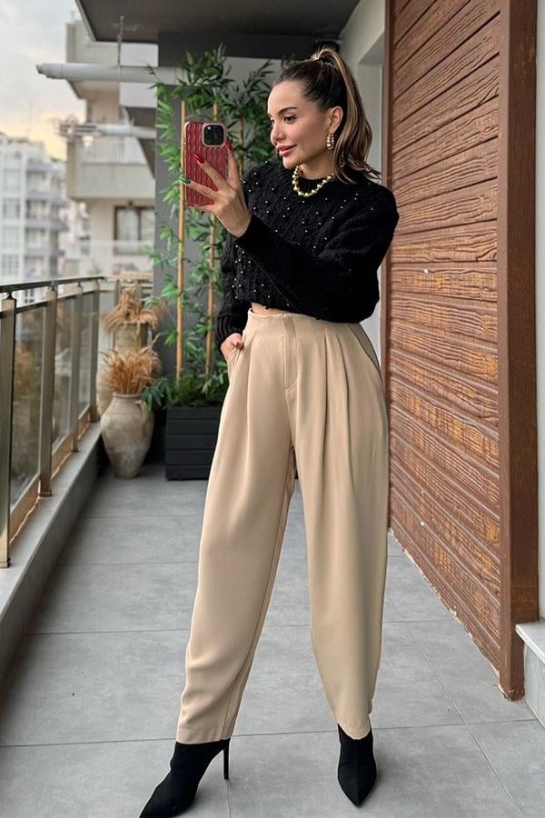 Sia Pile Detaylı Havuç Pantolon - Krem