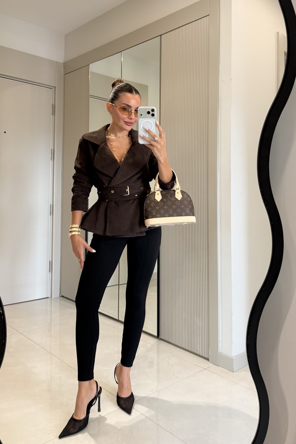 Sidney Kahve Kemerli Süet Dokulu Kruvaze Ceket
