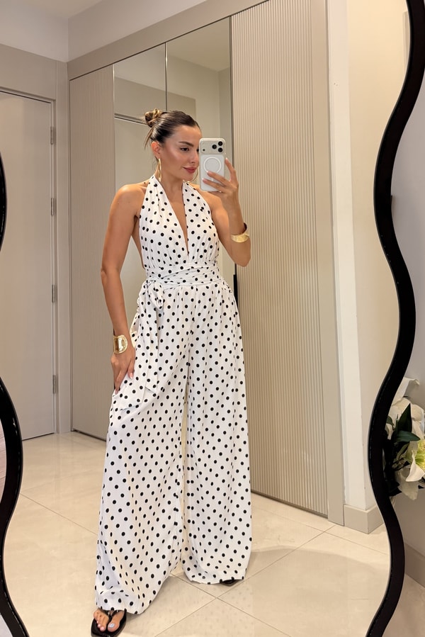 Sienna Beyaz Puantiyeli Sırt Dekolteli Tulum