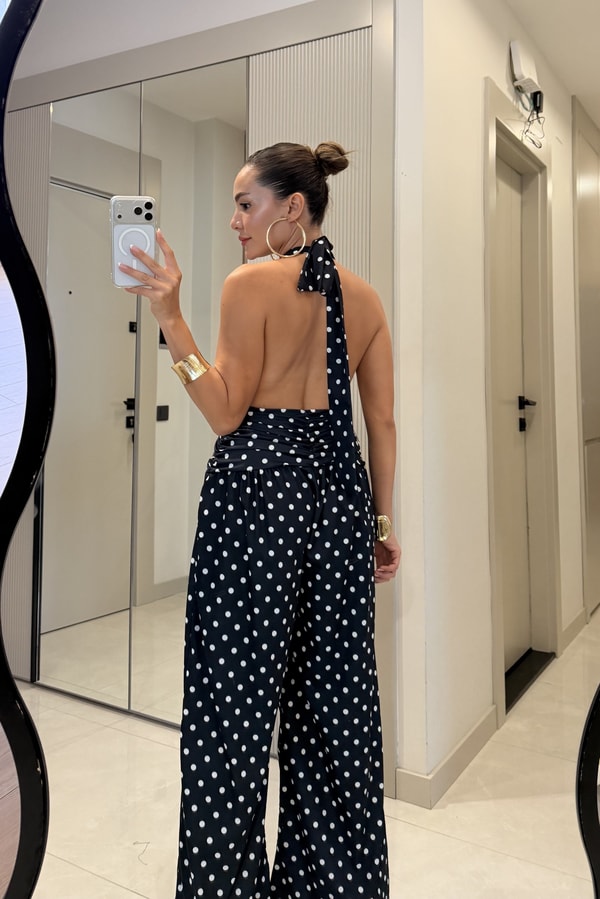 Sienna Siyah Puantiyeli Sırt Dekolteli Tulum