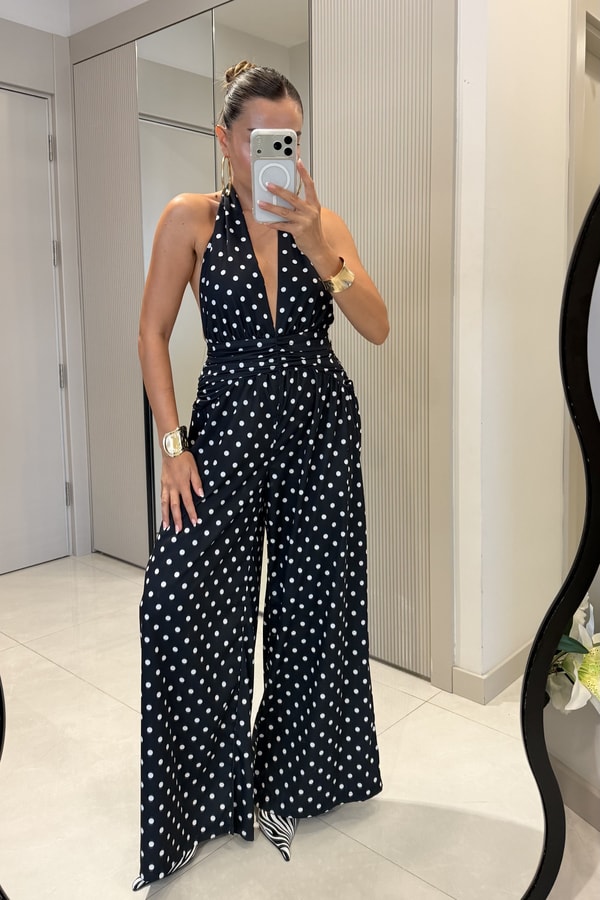 Sienna Siyah Puantiyeli Sırt Dekolteli Tulum