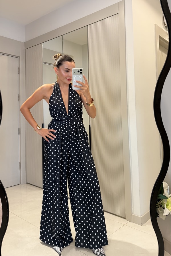 Sienna Siyah Puantiyeli Sırt Dekolteli Tulum