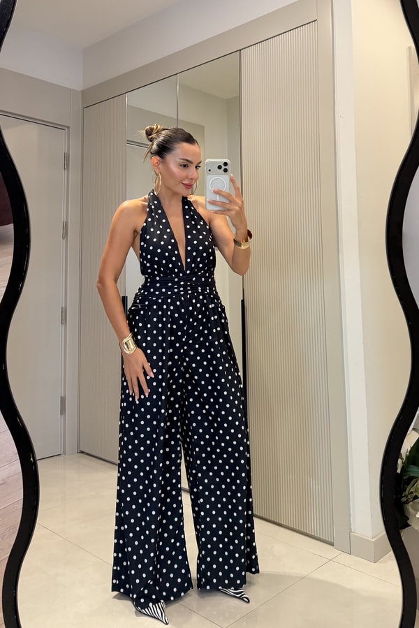 Sienna Siyah Puantiyeli Sırt Dekolteli Tulum