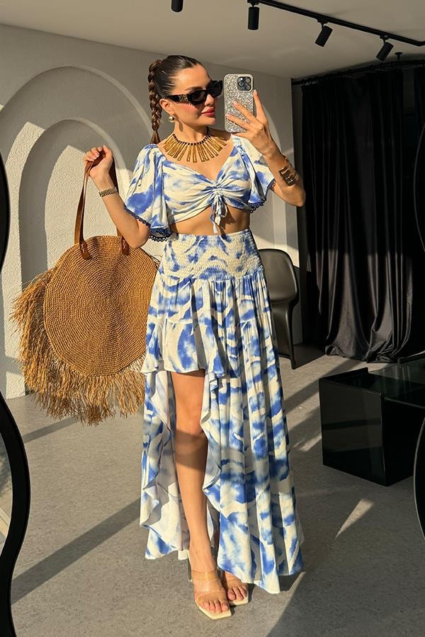 Silina  Mavi Batik Desen Tasarım Crop -Etek Takım