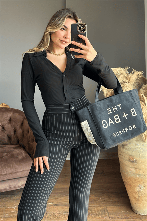 Siyah polo yaka fitilli crop