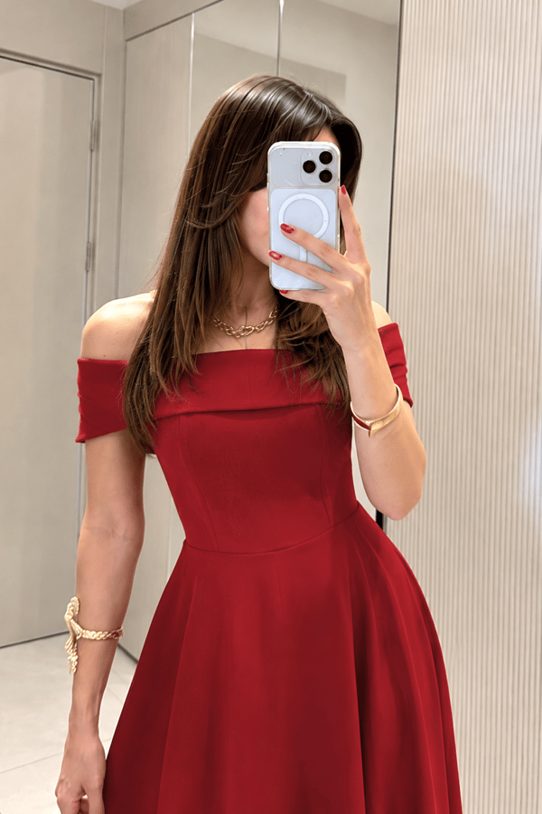 Soelle Kırmızı Madonna Yaka Çan Elbise