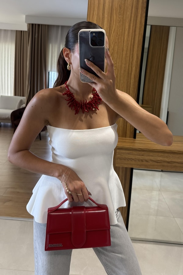 Sofya Dilvin  Straplez Peplum Detaylı Beyaz Bluz