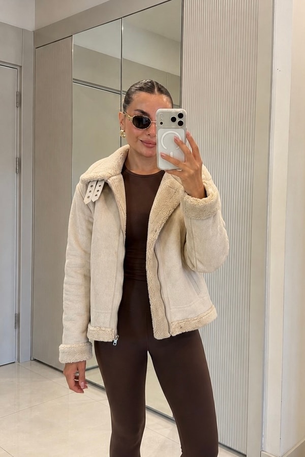 Solasta Krem İçi Teddy Süet Mont