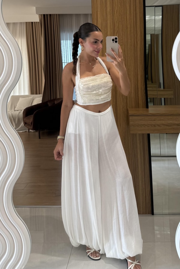 Solmera Beyaz Dilvin Astarlı Şalvar 