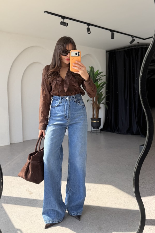 Soren Midblue Cep Detaylı Wide Leg Jean