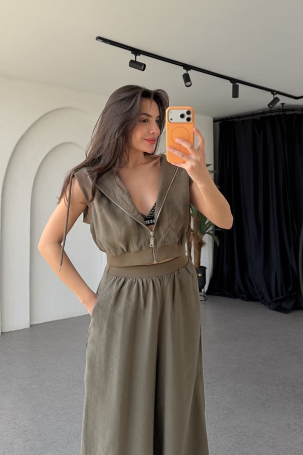 Spania Haki Kapüşonlu Crop Yelek