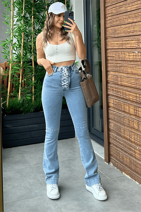 Squala önü ip detaylı lightblue ispanyol jean