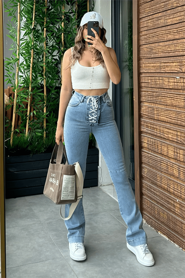 Squala önü ip detaylı lightblue ispanyol jean