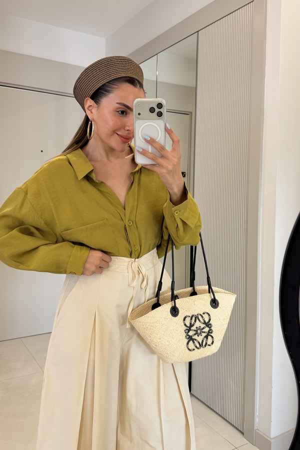 Stein Yağ Yeşili Oversize Yazlık Gömlek