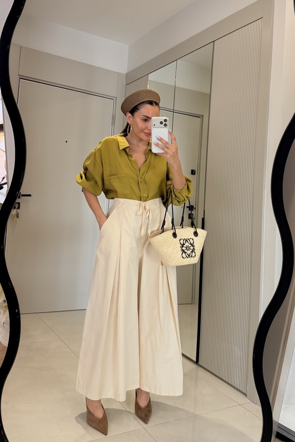 Stein Yağ Yeşili Oversize Yazlık Gömlek