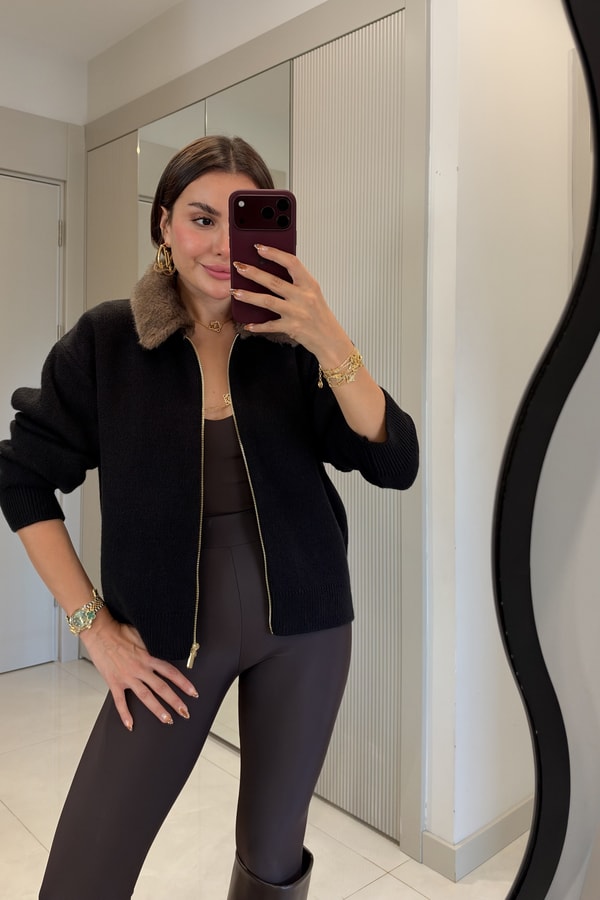 Stellan Siyah Peluş Yaka Fermuarlı Hırka