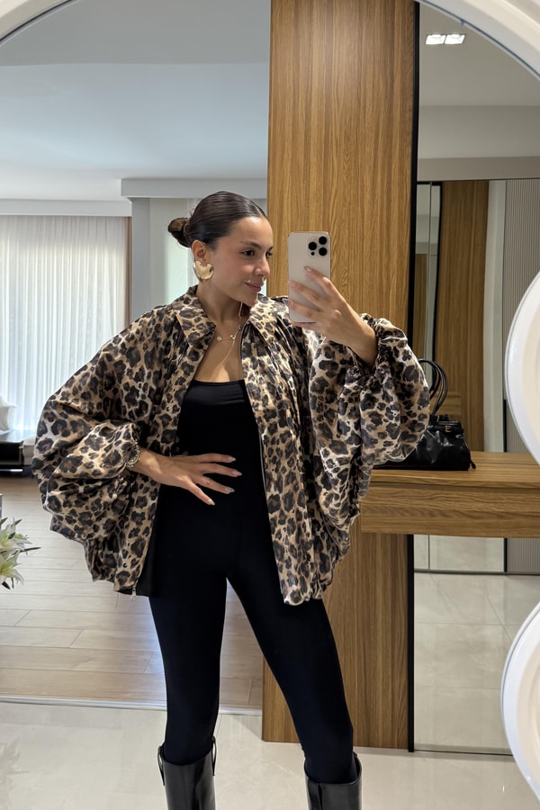 Steve Leopar Desen Saten Bomber Ceket