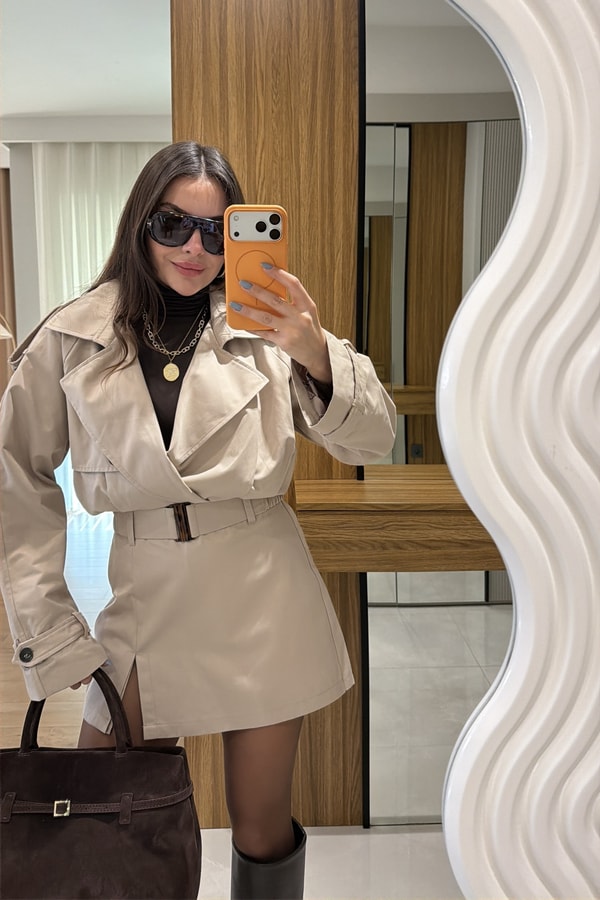 Stone Bej Biker Trençkot