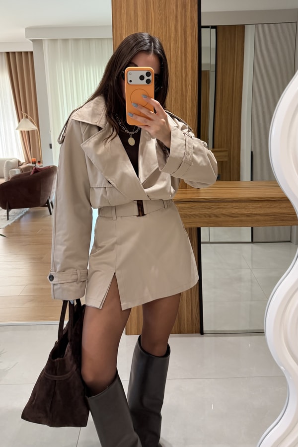 Stone Bej Biker Trençkot