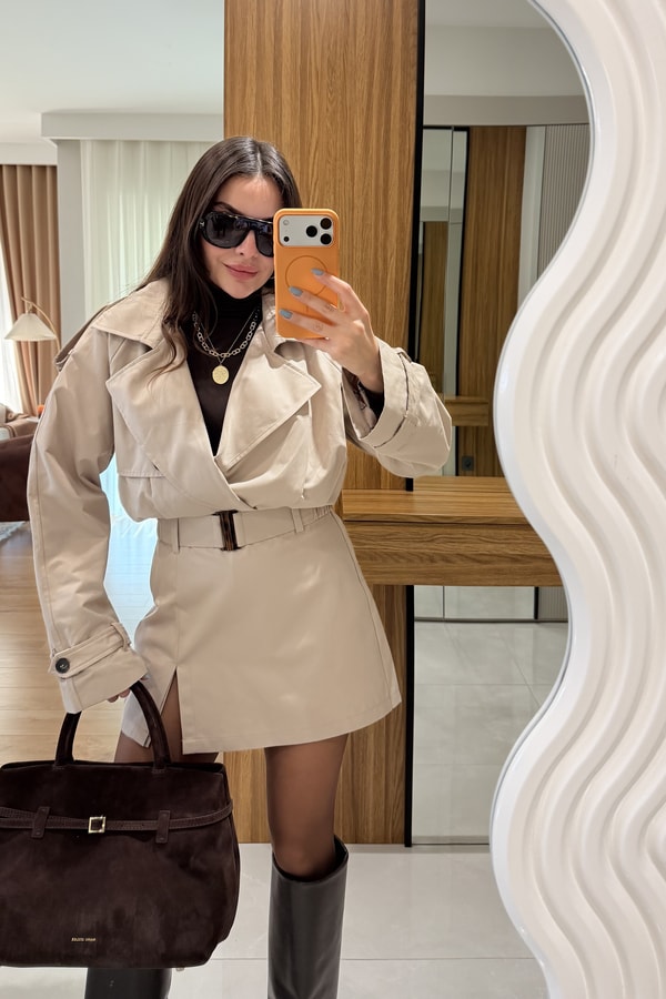 Stone Bej Biker Trençkot