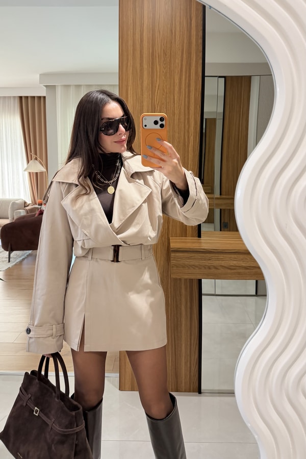 Stone Bej Biker Trençkot