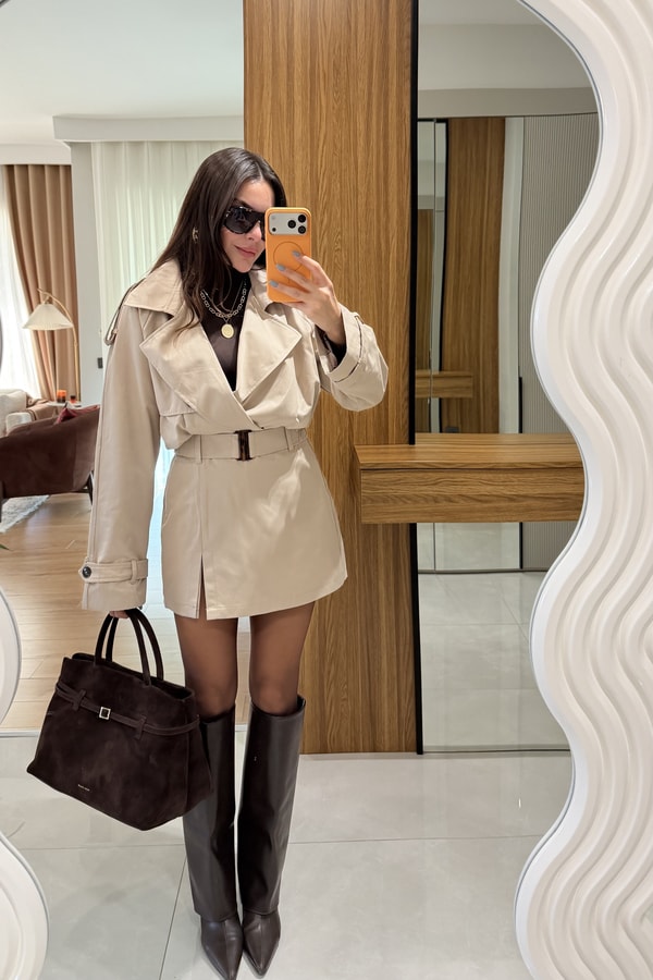 Stone Bej Biker Trençkot