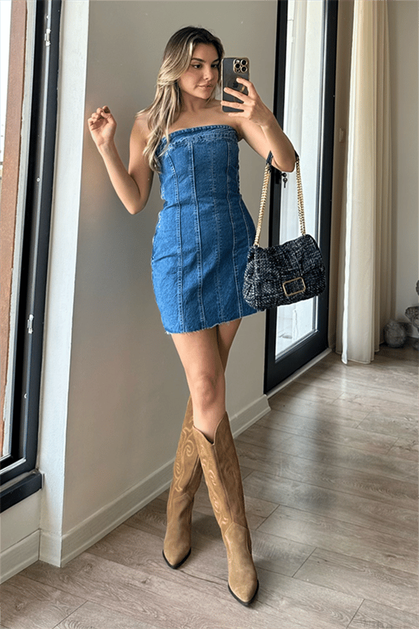 Straplez midblue kot elbise