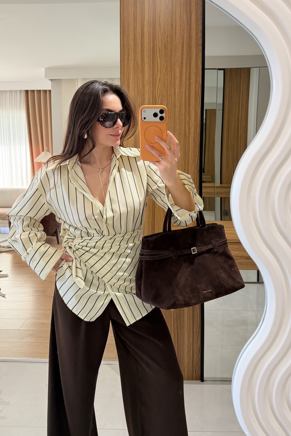 Strip Sarı Şallı Çizgili Gömlek