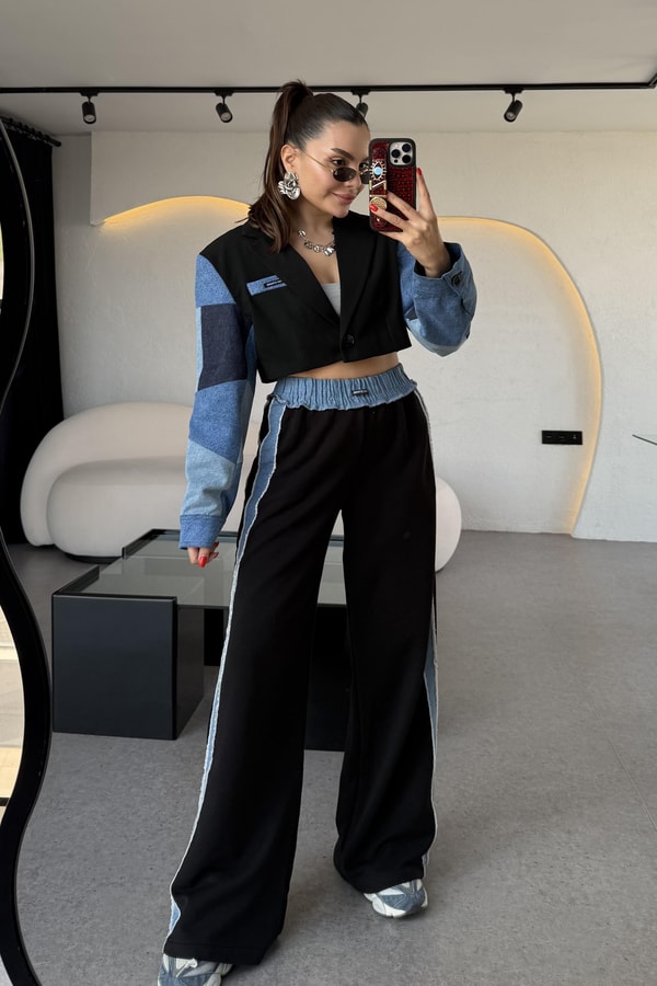 Strong Kenarları Denim Detaylı Siyah Pantolon 