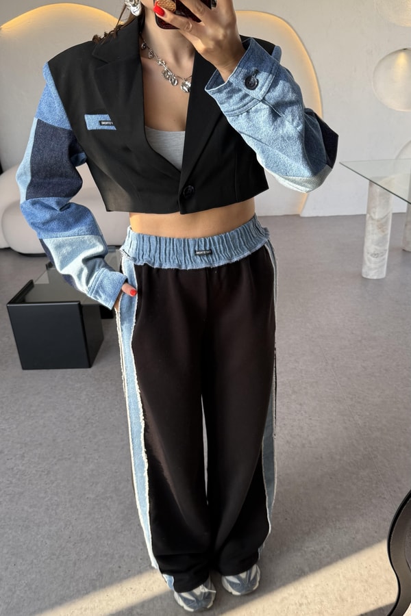 Strong Kolları Denim Patchwork Siyah Ceket 