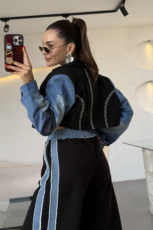 Strong Kolları Denim Patchwork Siyah Ceket 