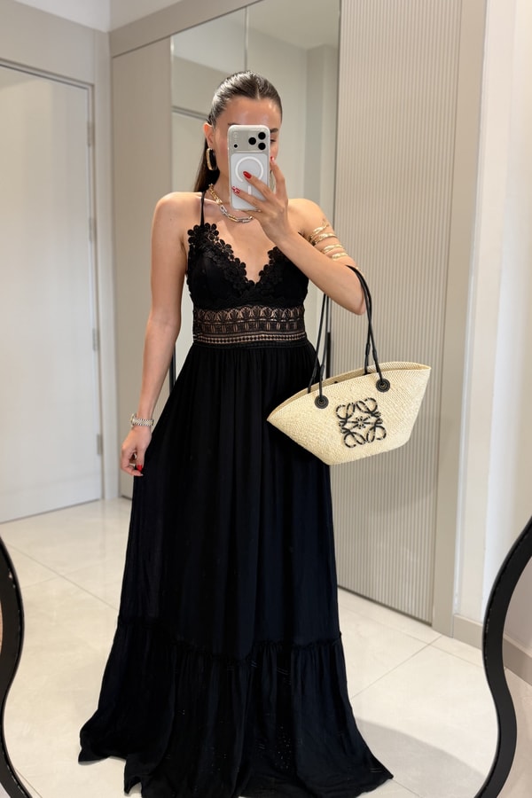 Summer Siyah Dantel Detaylı Maxi Elbise