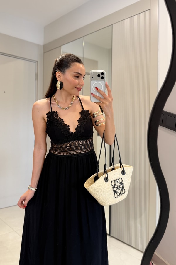 Summer Siyah Dantel Detaylı Maxi Elbise