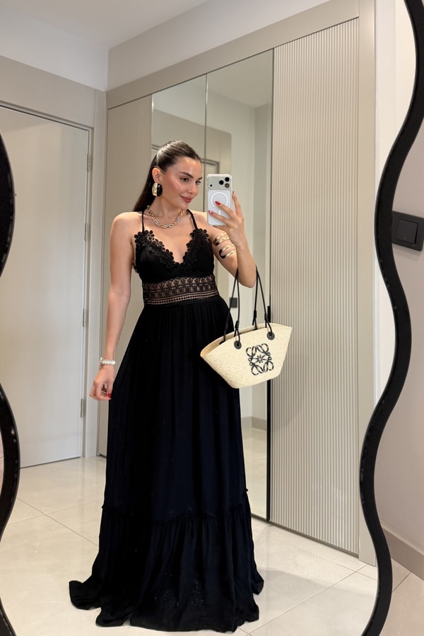 Summer Siyah Dantel Detaylı Maxi Elbise