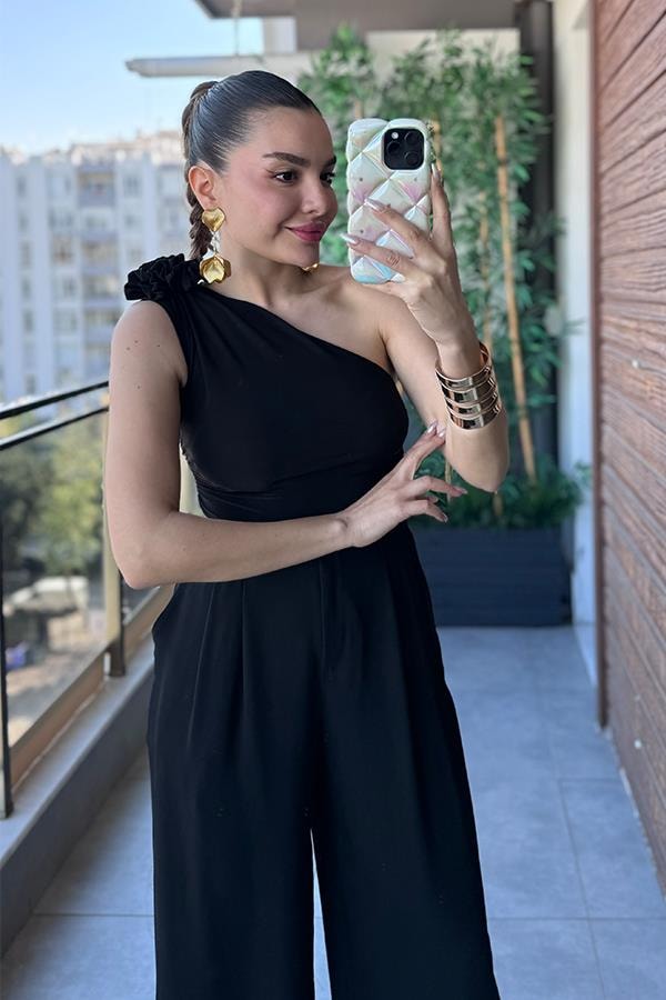 Summy Omzu Çiçek Detaylı Tek Kol Body - Siyah