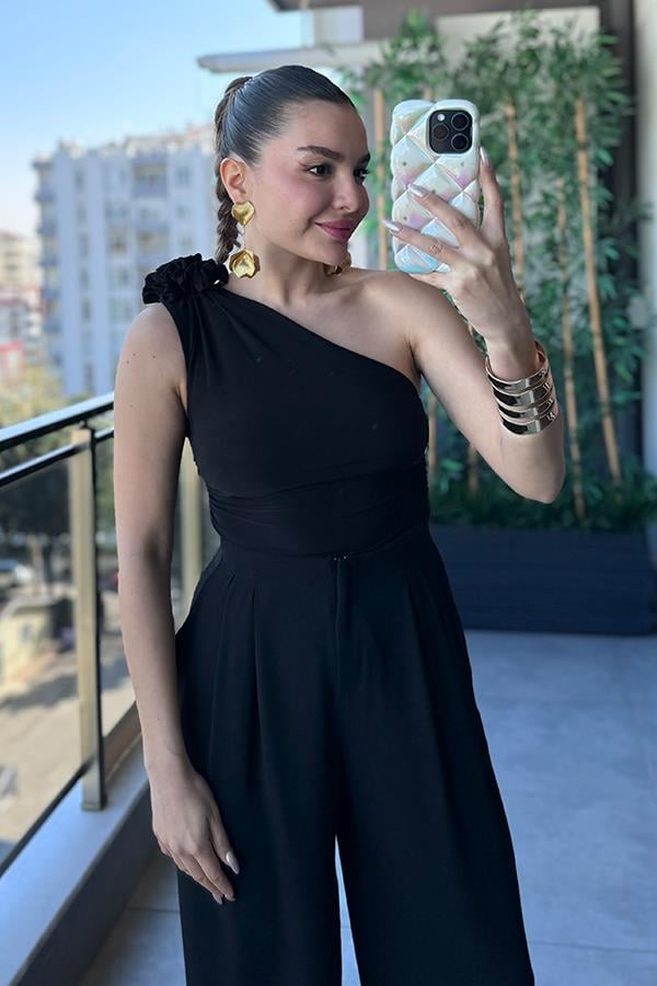 Summy Omzu Çiçek Detaylı Tek Kol Body - Siyah