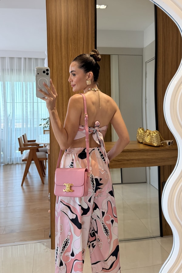 Sunflower Pembe Saten Desenli Straplez Takım