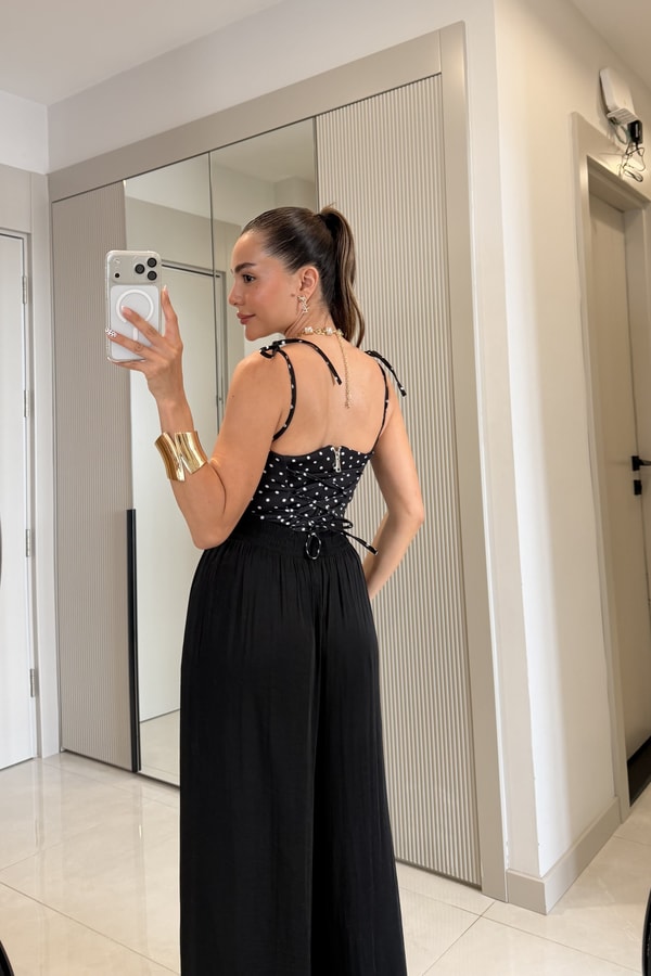 Suzie Siyah Puantiyeli Omuzdan Bağlamalı Bluz