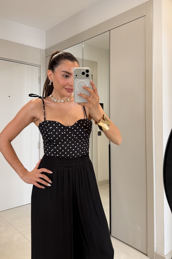 Suzie Siyah Puantiyeli Omuzdan Bağlamalı Bluz