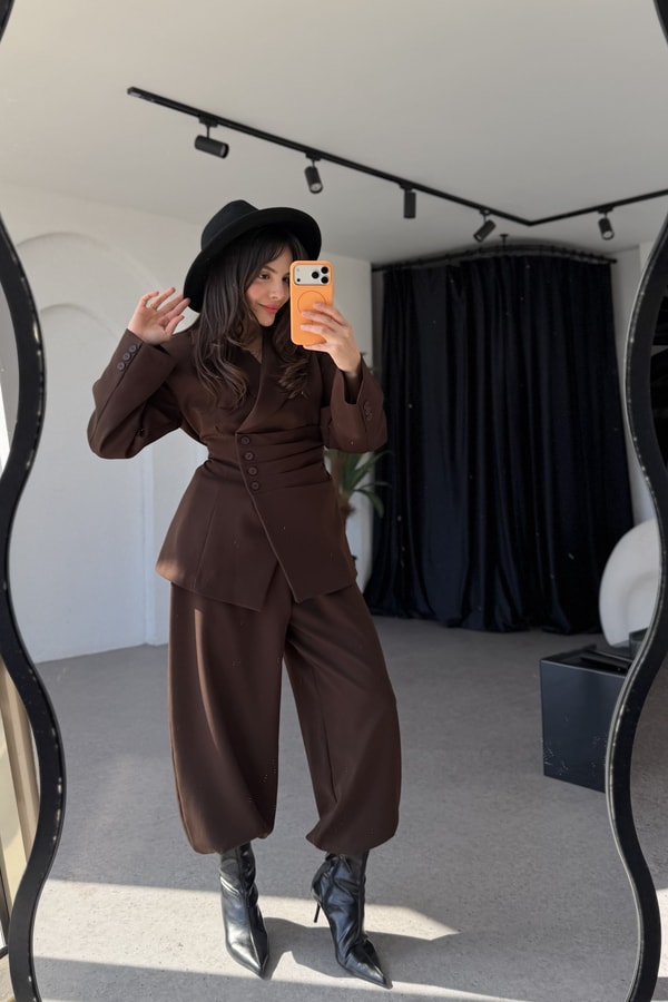 Tamara Kahve Premium Blazer Düğmeli Takım