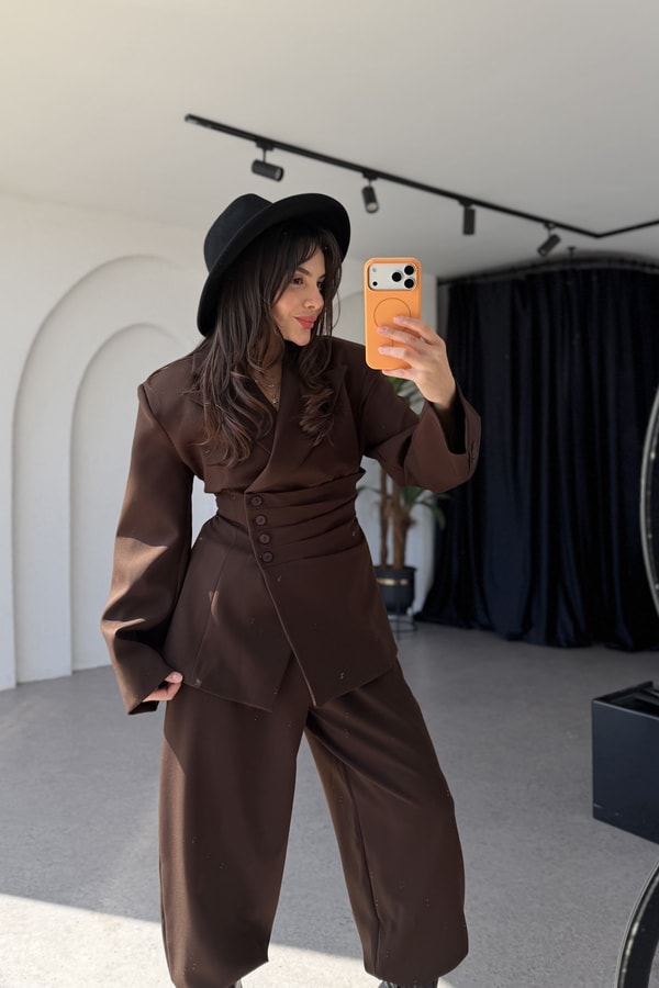 Tamara Kahve Premium Blazer Düğmeli Takım